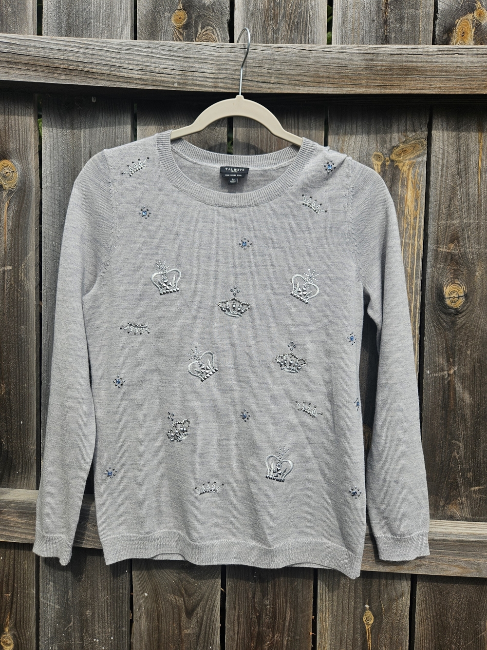 Talbots Merino Wool Sweater Rhinestone Gray Women Small Petite Embroidered Luxe